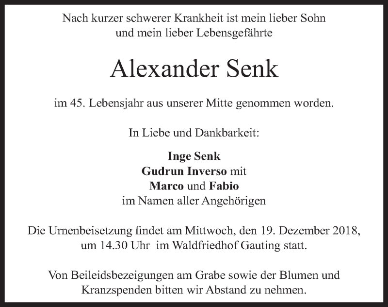  Traueranzeige für Alexander Senk vom 15.12.2018 aus merkurtz