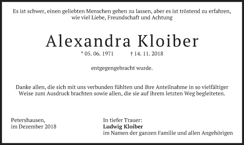  Traueranzeige für Alexandra Kloiber vom 01.12.2018 aus merkurtz