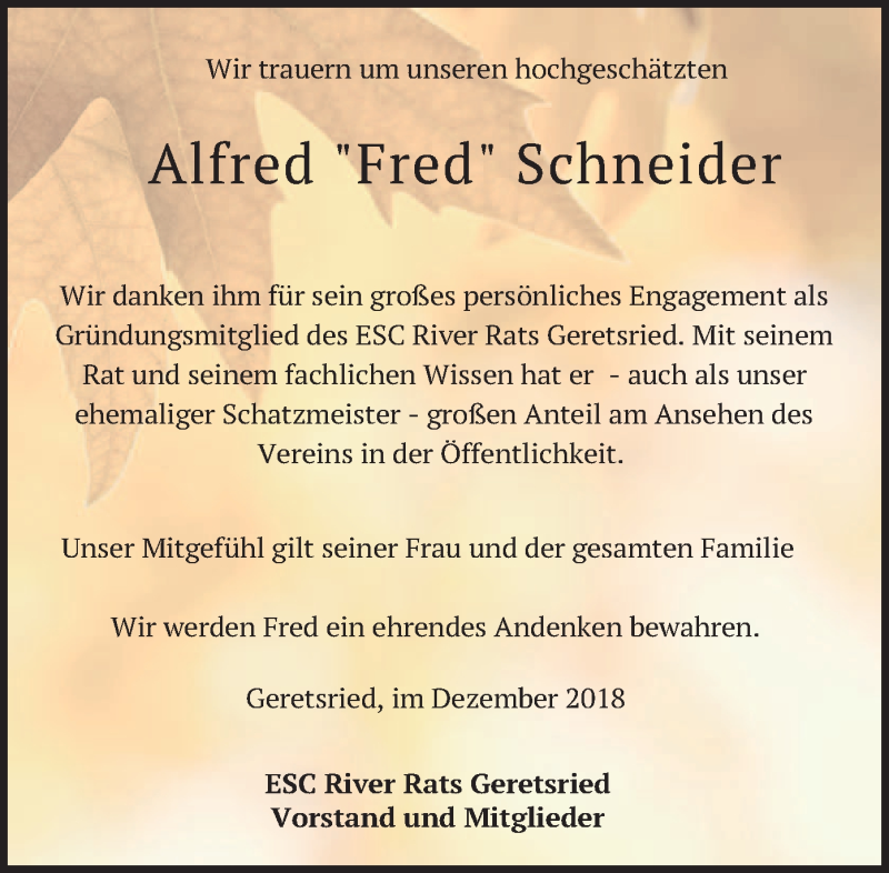  Traueranzeige für Alfred Schneider vom 17.12.2018 aus merkurtz