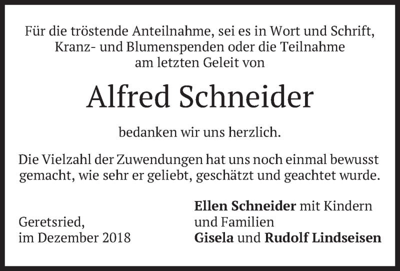  Traueranzeige für Alfred Schneider vom 22.12.2018 aus merkurtz