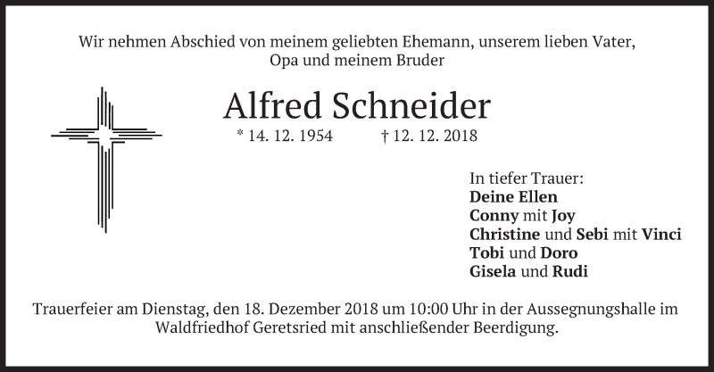  Traueranzeige für Alfred Schneider vom 15.12.2018 aus merkurtz