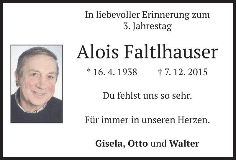  Traueranzeige für Alois Faltlhauser vom 07.12.2018 aus merkurtz