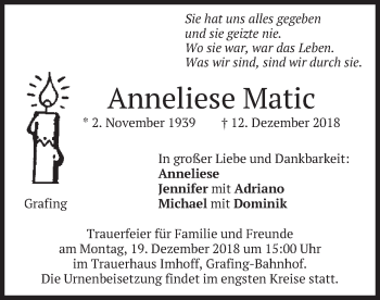 Traueranzeige von Anneliese Matic von merkurtz