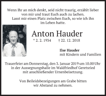 Traueranzeige von Anton Hauder von merkurtz