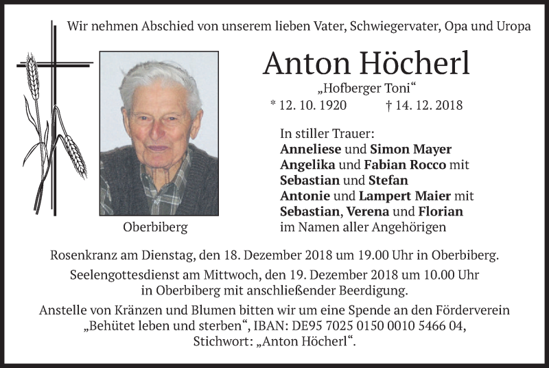  Traueranzeige für Anton Höcherl vom 17.12.2018 aus merkurtz