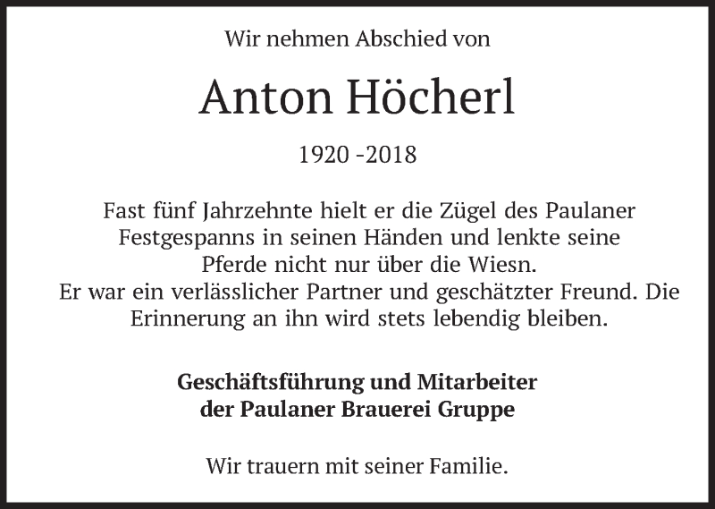  Traueranzeige für Anton Höcherl vom 21.12.2018 aus merkurtz