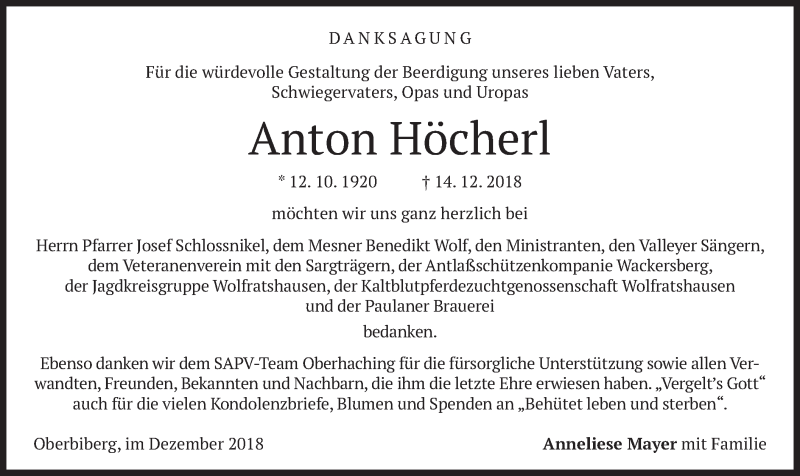  Traueranzeige für Anton Höcherl vom 24.12.2018 aus merkurtz