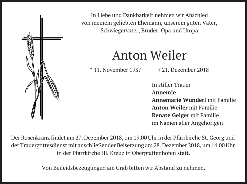  Traueranzeige für Anton Weiler vom 27.12.2018 aus merkurtz