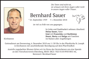 Traueranzeige von Bernhard Sauer von merkurtz