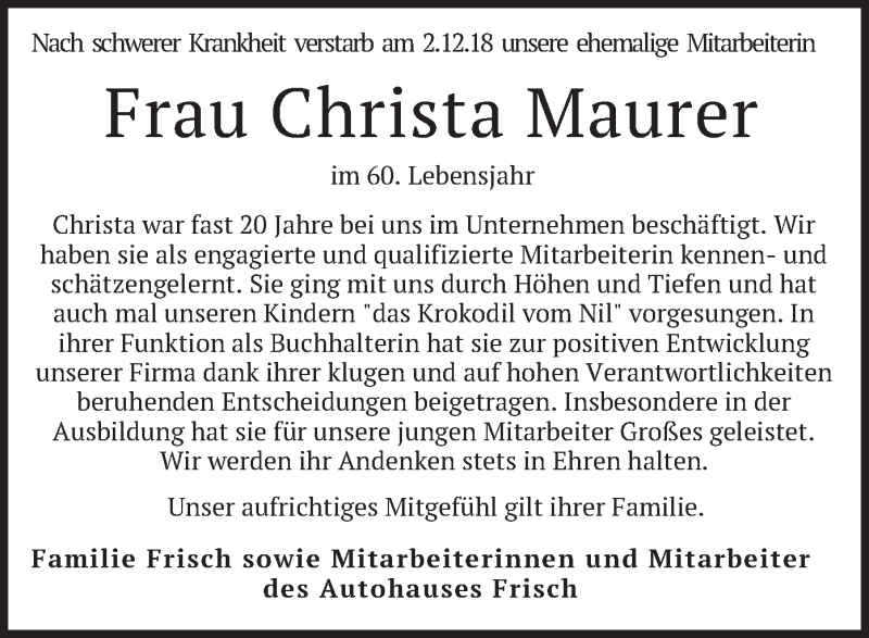  Traueranzeige für Christa Maurer vom 06.12.2018 aus merkurtz