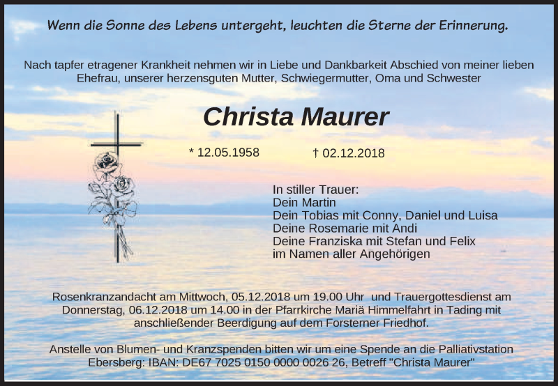  Traueranzeige für Christa Maurer vom 04.12.2018 aus merkurtz