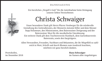 Traueranzeige von Christa Schwaiger von merkurtz