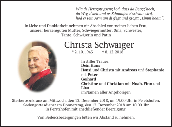 Traueranzeige von Christa Schwaiger von merkurtz