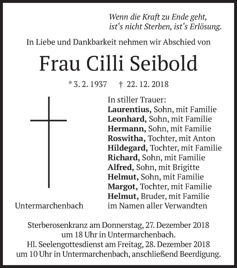  Traueranzeige für Cilli Seibold vom 24.12.2018 aus merkurtz