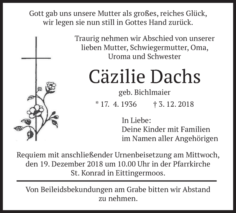 Traueranzeige für Cäzilie Dachs vom 15.12.2018 aus merkurtz