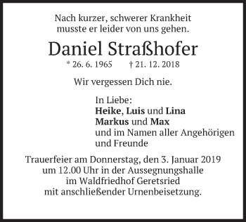 Traueranzeige von Daniel Straßhofer von merkurtz