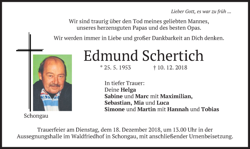  Traueranzeige für Edmund Schertich vom 15.12.2018 aus merkurtz