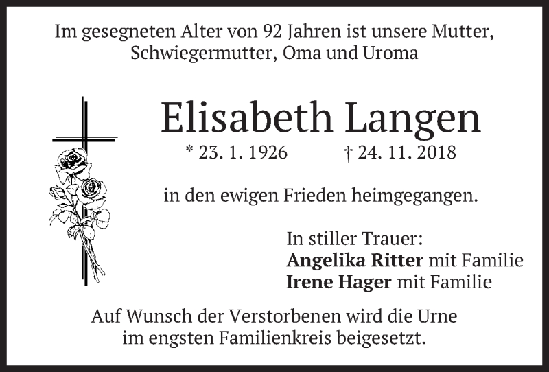  Traueranzeige für Elisabeth Langen vom 01.12.2018 aus merkurtz