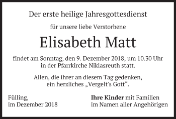 Traueranzeige von Elisabeth Matt von merkurtz
