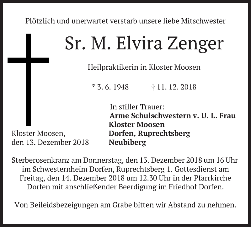  Traueranzeige für Elvira Zenger vom 13.12.2018 aus merkurtz
