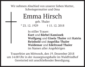Traueranzeige von Emma Hirsch von merkurtz