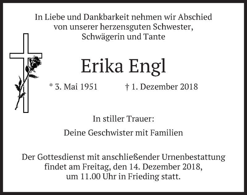  Traueranzeige für Erika Engl vom 11.12.2018 aus merkurtz