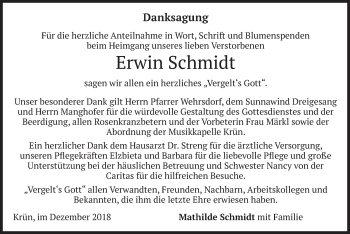 Traueranzeige von Erwin Schmidt von merkurtz