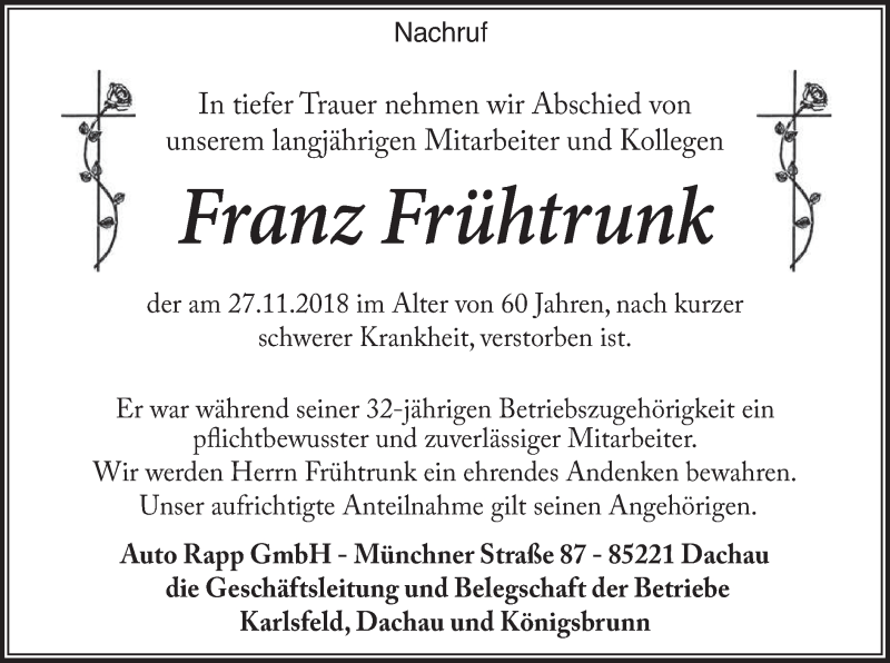  Traueranzeige für Franz Frühtrunk vom 01.12.2018 aus merkurtz