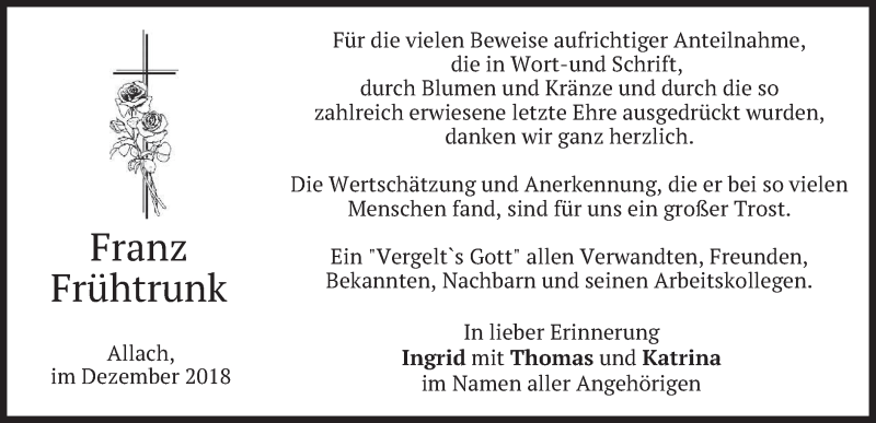  Traueranzeige für Franz Frühtrunk vom 22.12.2018 aus merkurtz