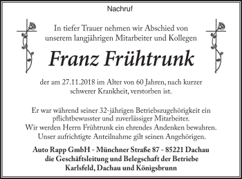 Traueranzeige von Franz Frühtrunk von merkurtz