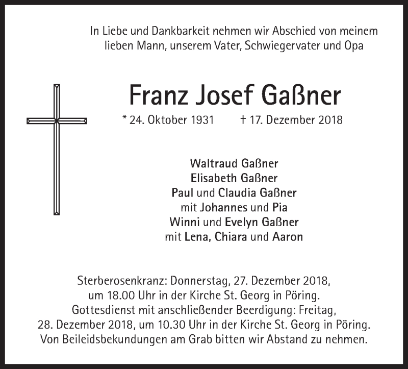  Traueranzeige für Franz Josef Gaßner vom 22.12.2018 aus merkurtz