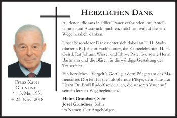 Traueranzeige von Franz Xaver Grundner von merkurtz