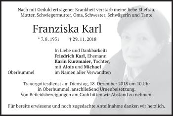 Traueranzeige von Franziska Karl von merkurtz