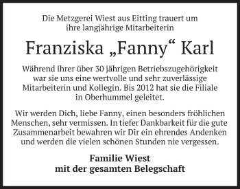 Traueranzeige von Franziska Karl von merkurtz