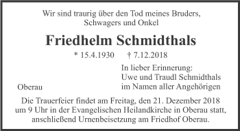 Traueranzeige von Friedhelm Schmidthals von merkurtz