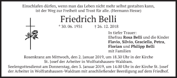 Traueranzeige von Friedrich Belli von merkurtz