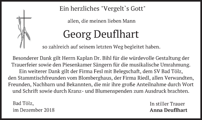  Traueranzeige für Georg Deuflhart vom 08.12.2018 aus merkurtz