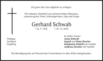 Traueranzeige von Gerhard Schwab von merkurtz