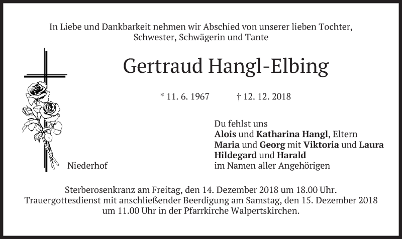 Traueranzeige für Gertraud Hangl-Elbing vom 13.12.2018 aus merkurtz