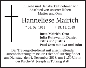 Traueranzeige von Hanneliese Mairich
