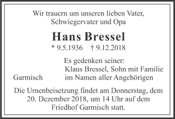 Traueranzeige von Hans Bressel von merkurtz
