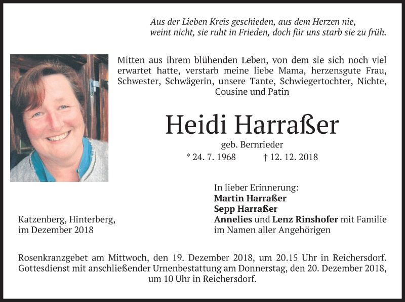  Traueranzeige für Heidi Harraßer vom 15.12.2018 aus merkurtz