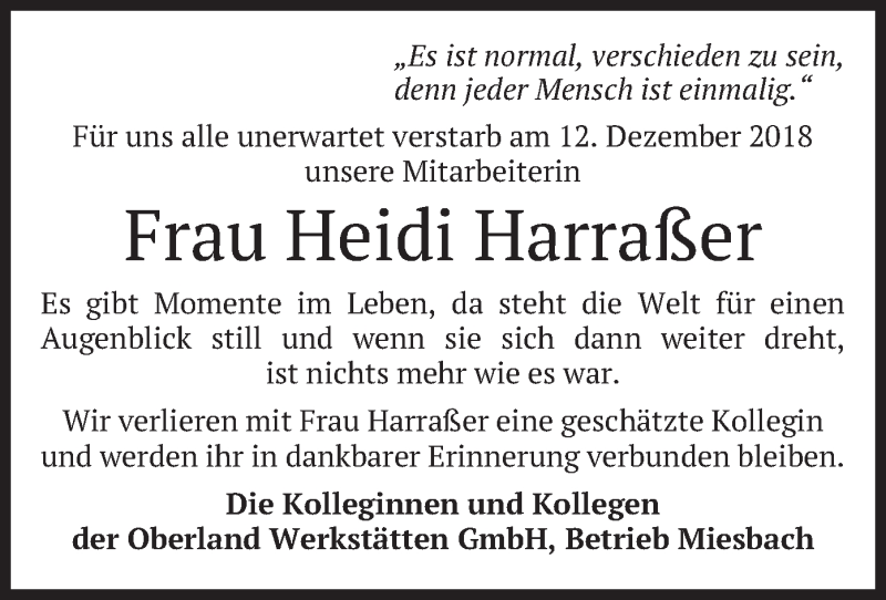  Traueranzeige für Heidi Harraßer vom 18.12.2018 aus merkurtz