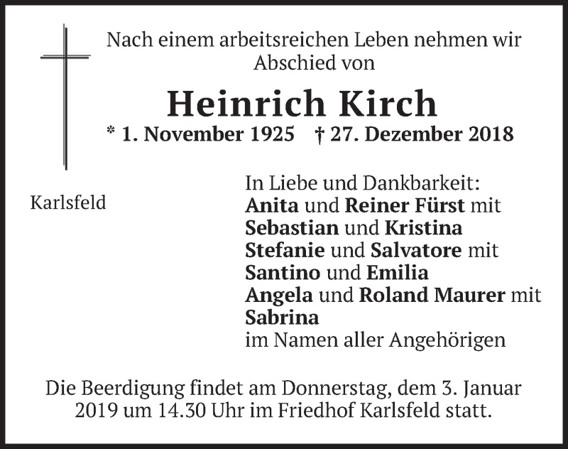  Traueranzeige für Heinrich Kirch vom 29.12.2018 aus merkurtz