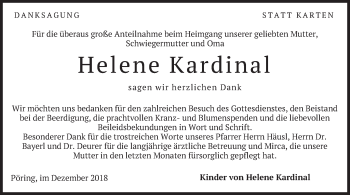 Traueranzeige von Helene Kardinal von merkurtz