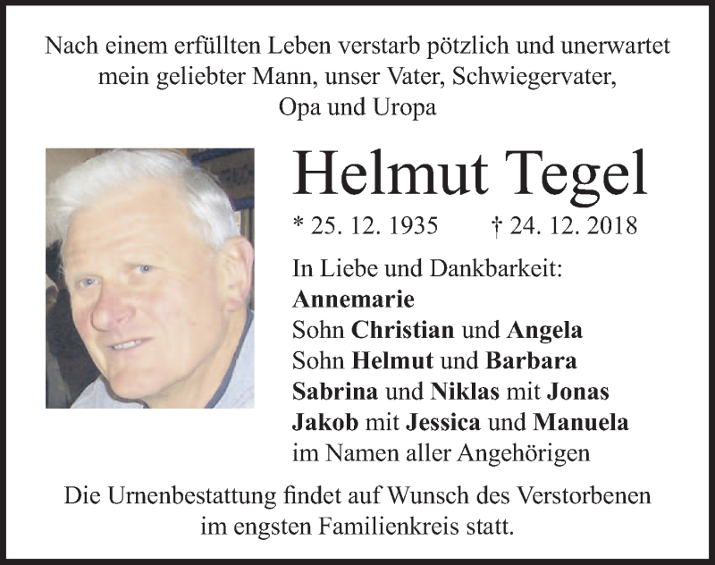  Traueranzeige für Helmut Tegel vom 29.12.2018 aus merkurtz