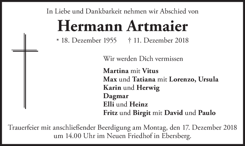  Traueranzeige für Hermann Artmaier vom 15.12.2018 aus merkurtz