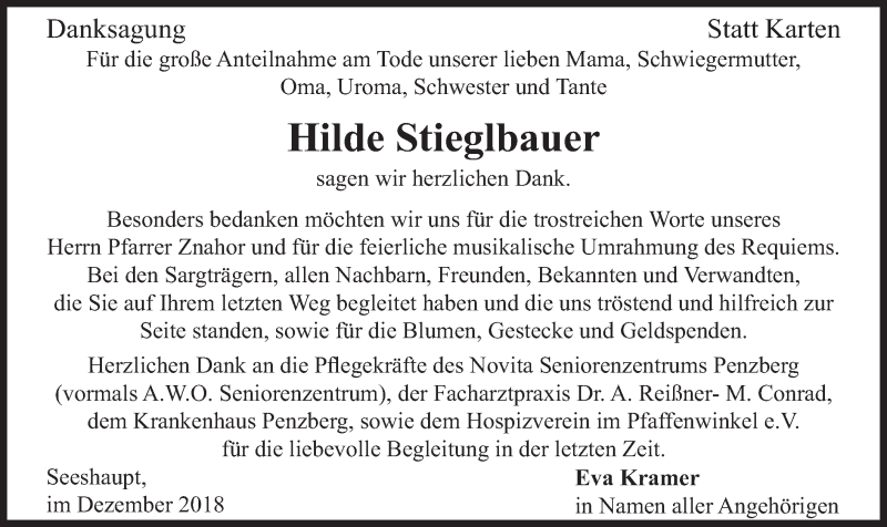  Traueranzeige für Hilde Stieglbauer vom 28.12.2018 aus merkurtz