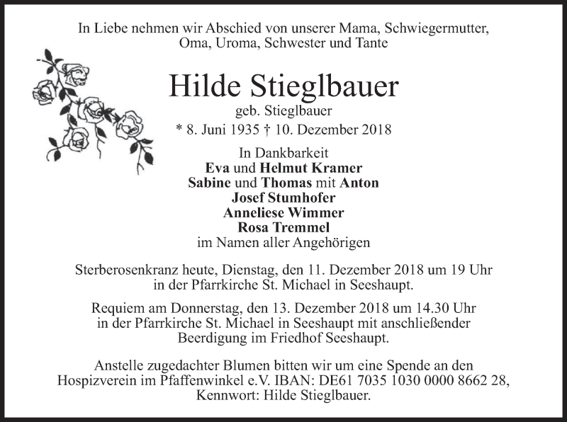  Traueranzeige für Hilde Stieglbauer vom 11.12.2018 aus merkurtz