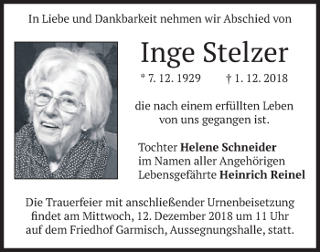 Traueranzeige von Inge Stelzer von merkurtz